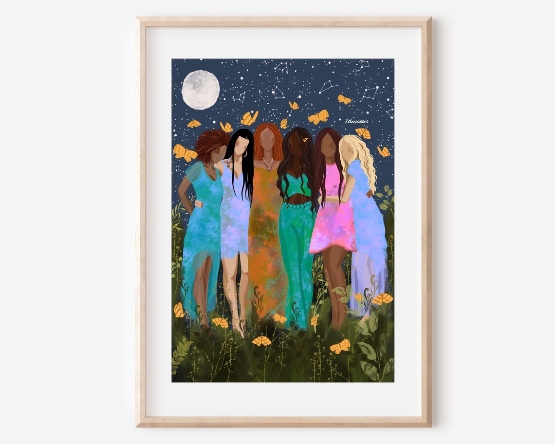 Friendship Six Women Moonlit Night Butterflies Sisterhood Poster