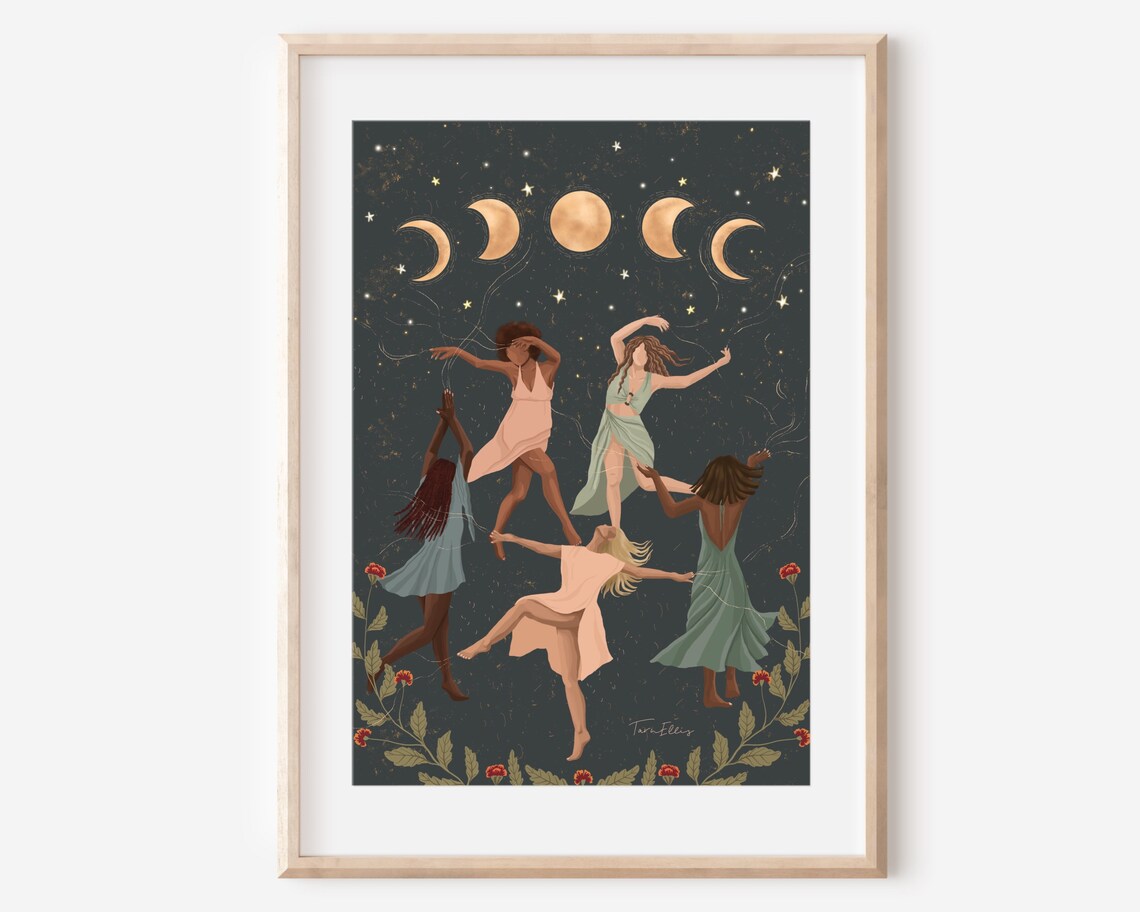 Ecstatic Dance Women's Circle Boho Moon Phases Art Print