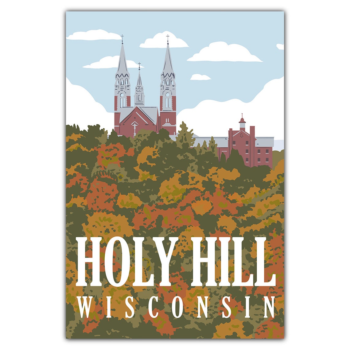Holy Hill Wisconsin Twin Spire Basilica Autumn Foliage Vintage Poster