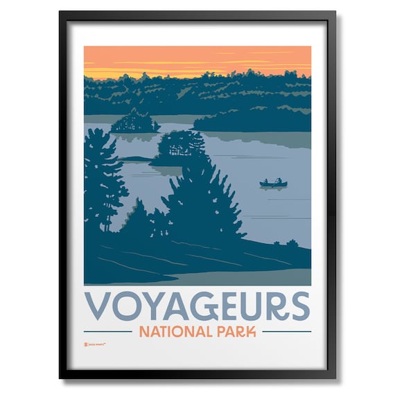Voyageurs National Park Lake Sunset Canoe Vintage Travel Poster