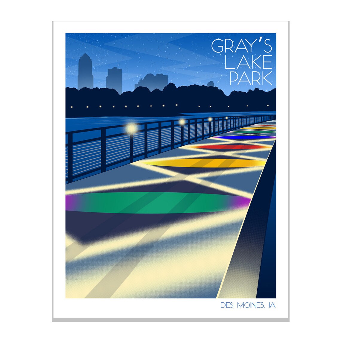 Gray's Lake Park Des Moines Iowa Night Bridge Light Art Poster