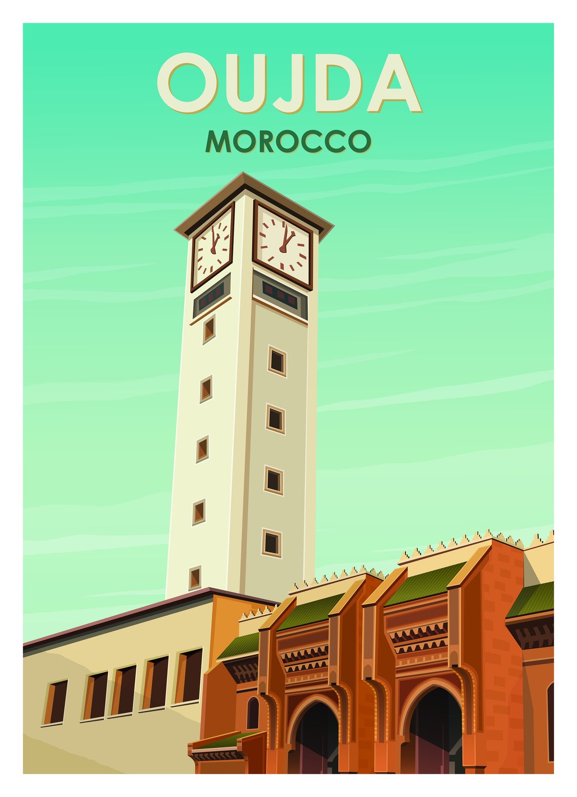 Oujda Morocco Clock Tower Vintage Travel Poster Green Arches Art - Image 2