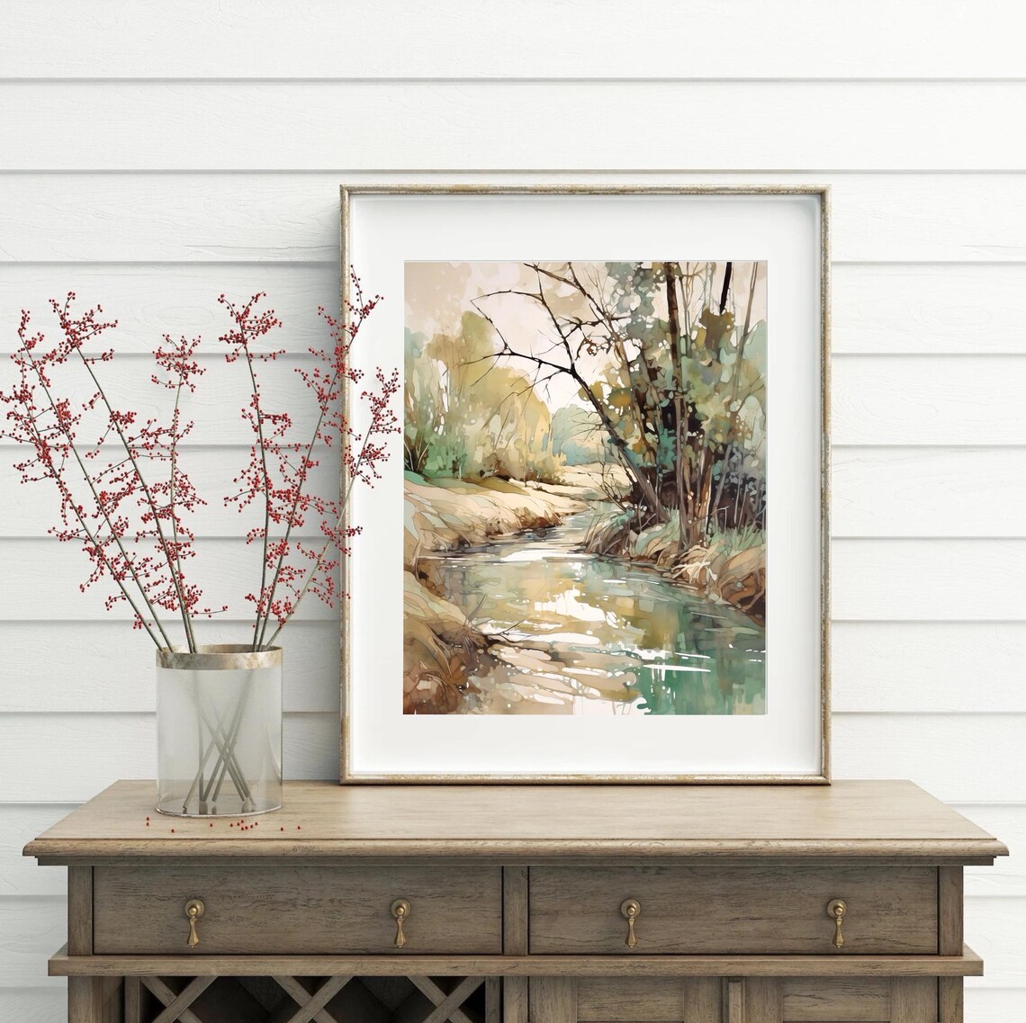 Woodland River Sandy Banks Quiet Trees Watercolor Art Poster - Image 4