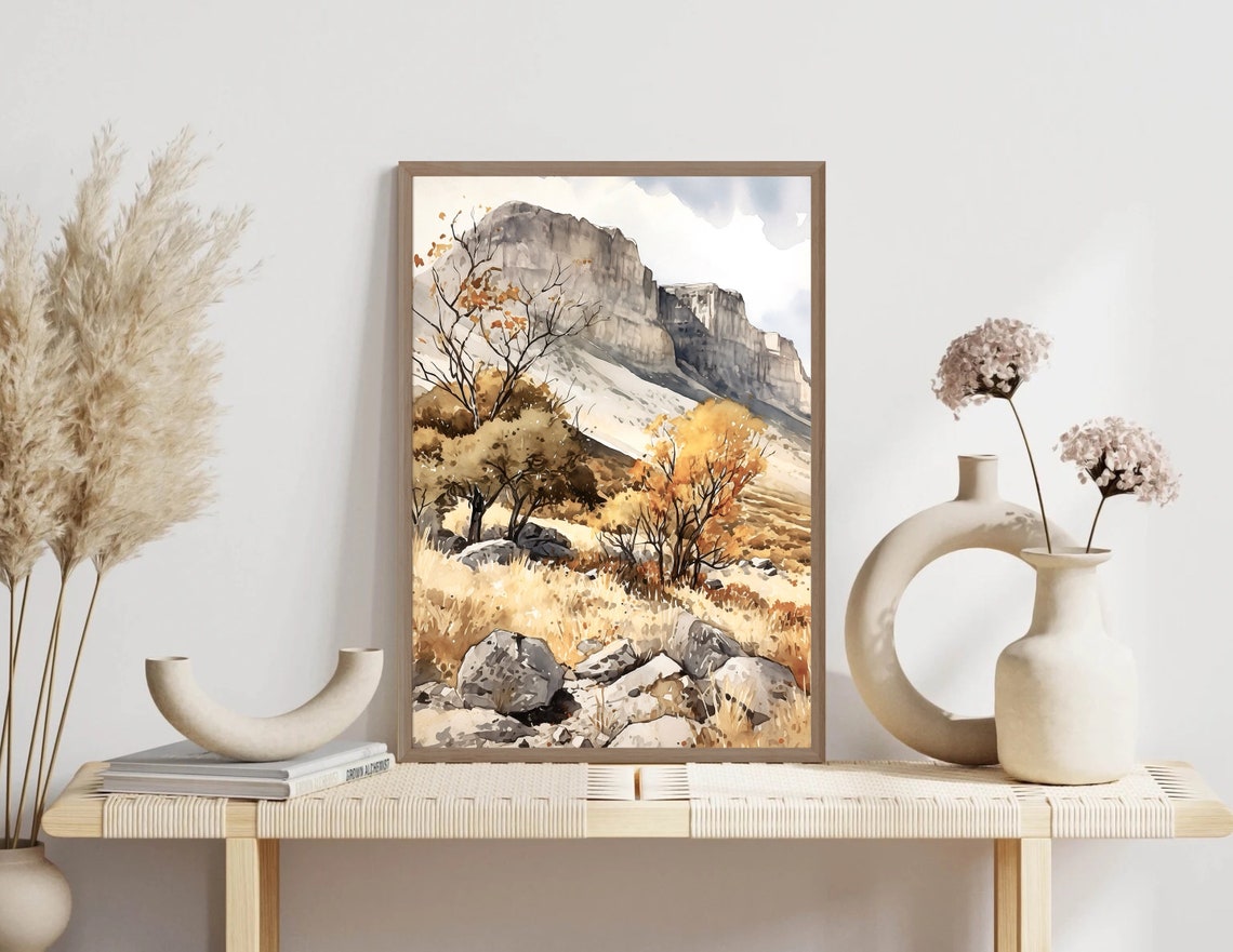 Guadalupe Mountains El Capitan Cliff Autumn Trees Watercolor Poster - Image 3
