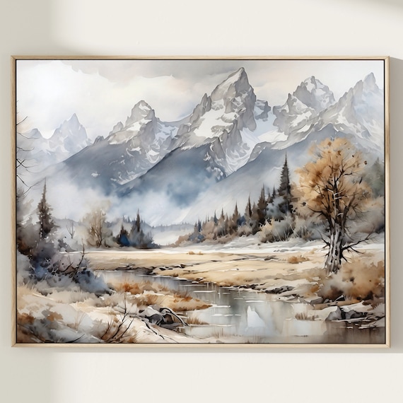 Grand Teton Snowy Peaks Over Meadow and Stream Watercolor Poster