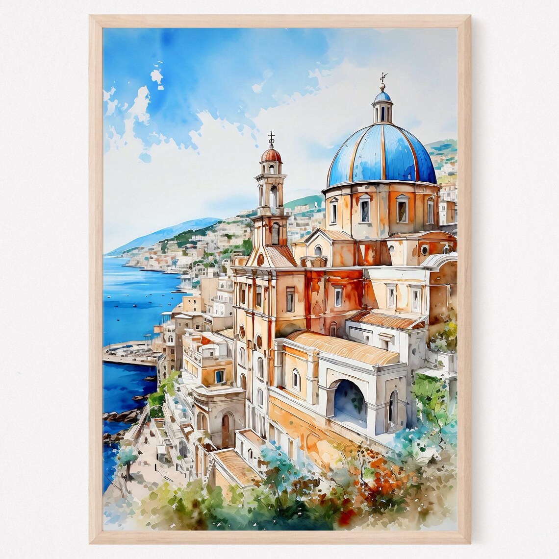 Positano Amalfi Coast Blue Dome Church Italy Town Watercolor Poster