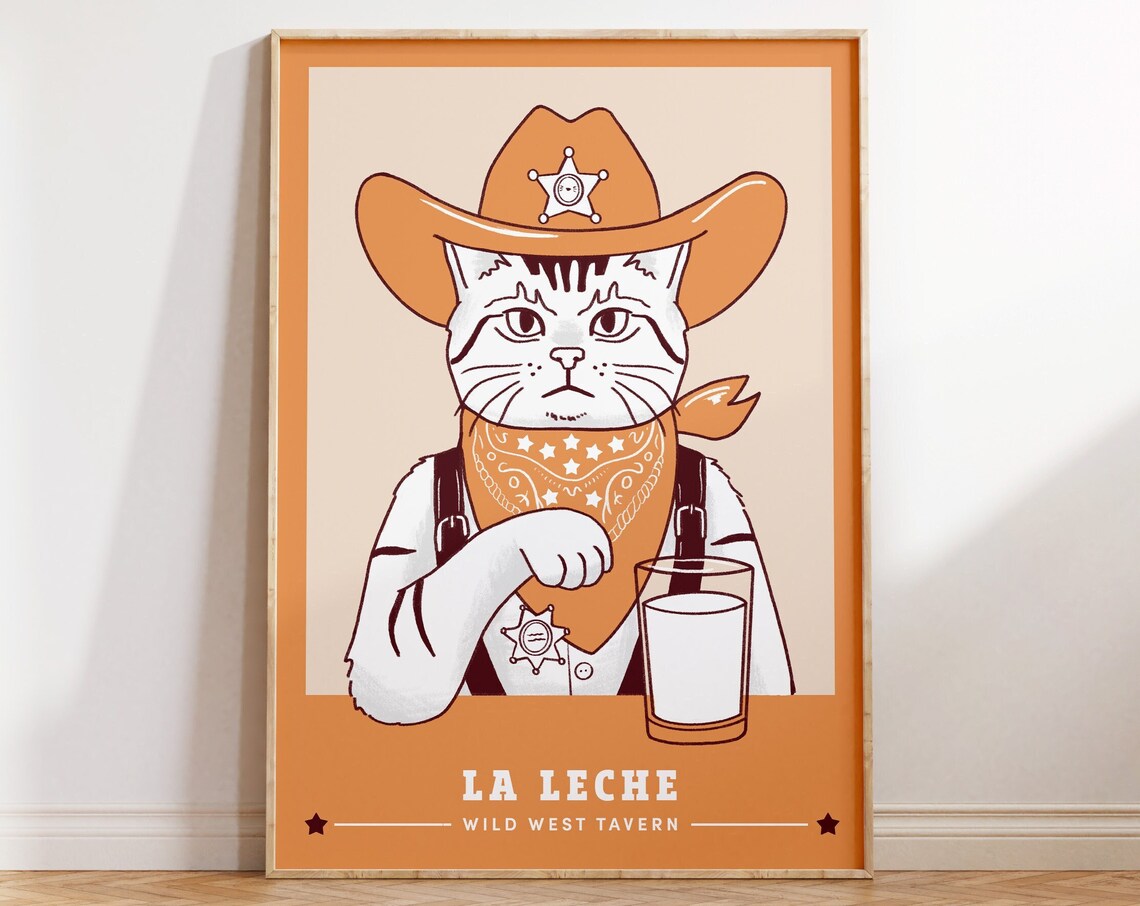 Western Cat Funny Poster, Retro Cowboy Milk Sheriff
