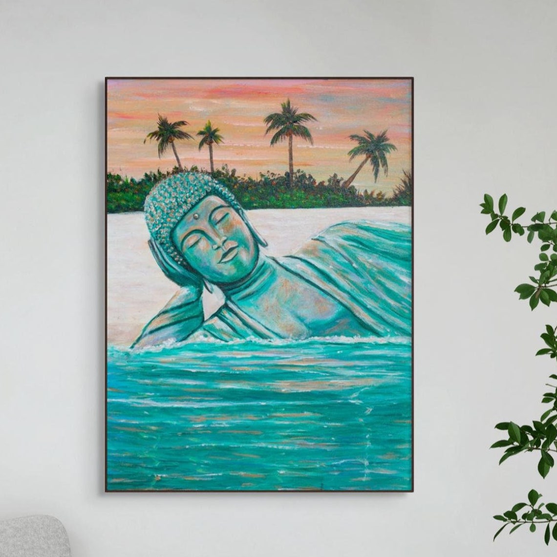 Reclining Buddha Statue Ocean Sunset Palm Beach Zen Meditation Poster