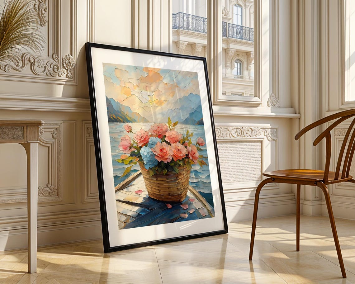 Pink Roses Blue Hydrangea Basket Lakeside Mosaic Style Poster - Image 3