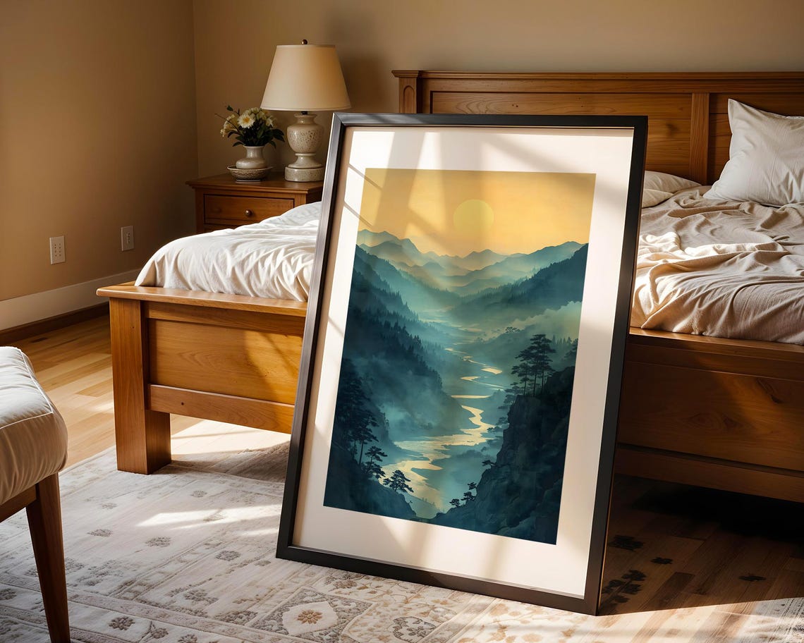 Misty Mountain Valley River Watercolor Landscape Artwork Poster - Image 4