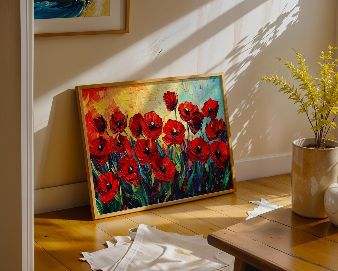 Red Poppies Impasto Oil Painting Bold Floral Field Artwork Poster - Image 4