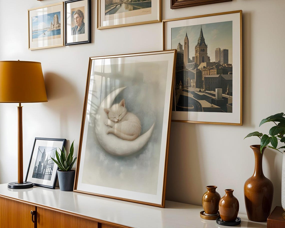 Adorable White Kitten Moon Nap Art Trendy Wall Room Decor Prints Print Poster Nursery Gift - Image 4