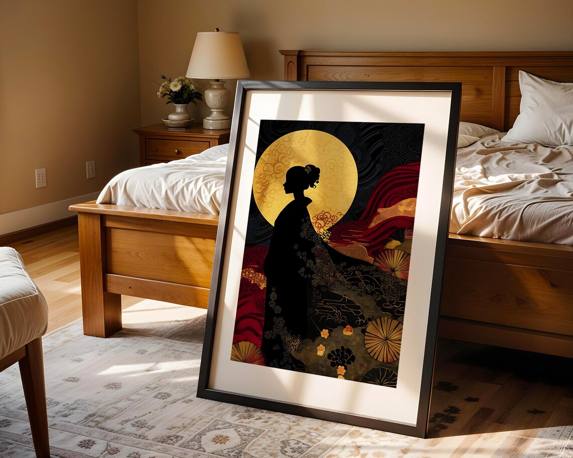 Japanese Kimono Woman Silhouette Golden Moon Black Gold Art Poster - Image 4
