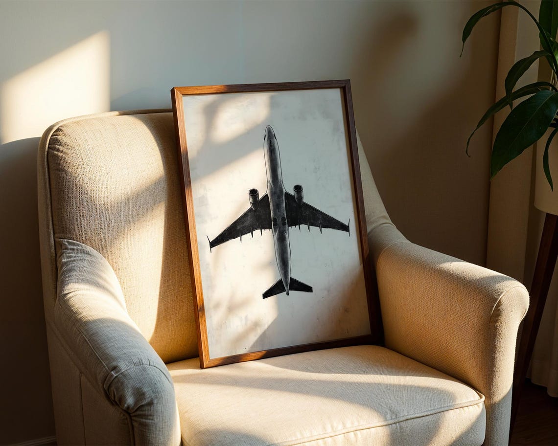 Airplane Top View Black White Sketch Aviation Wall Decor Art Poster - Image 2
