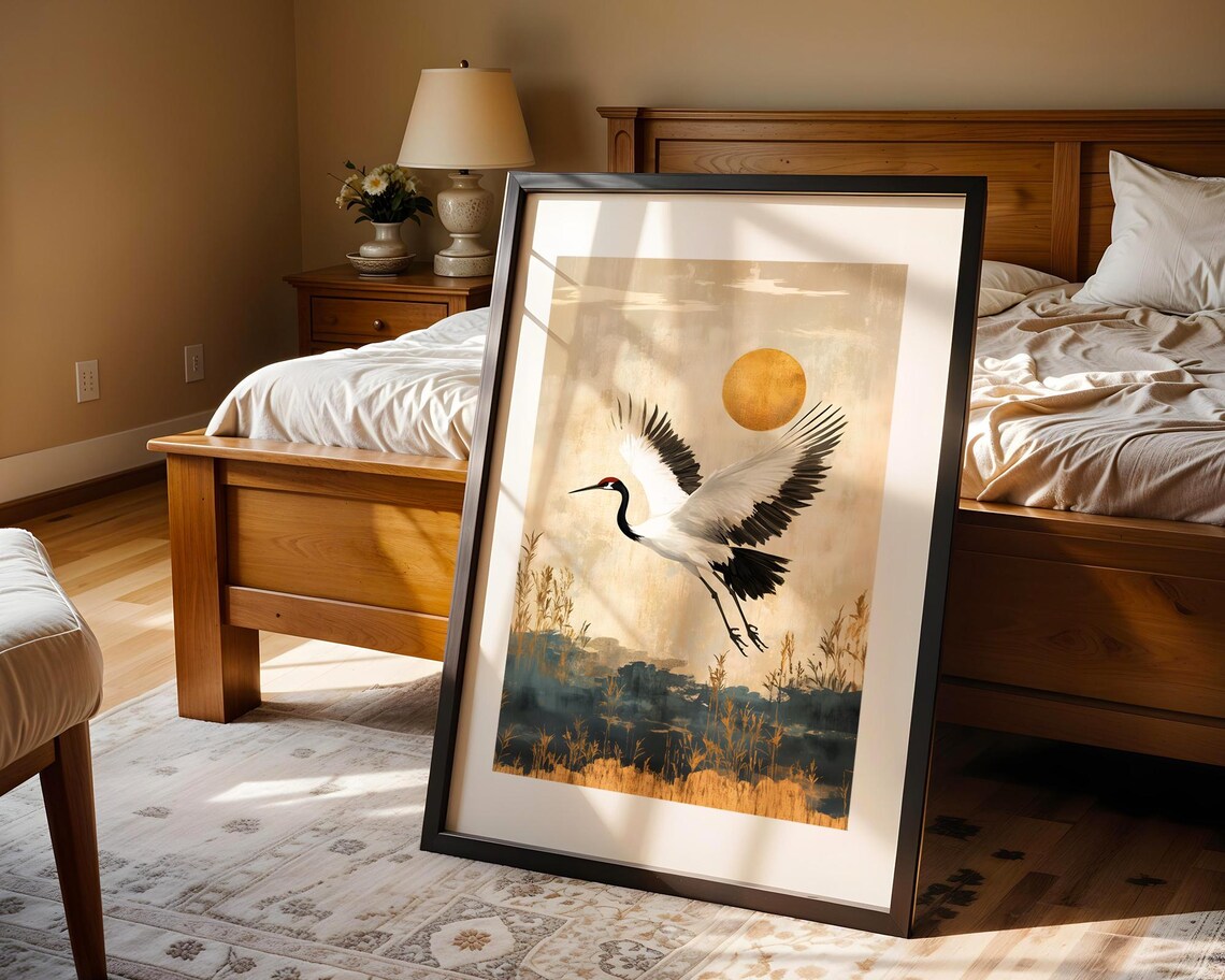 Elegant Crane Flying Beneath Golden Sun Asian Inspired Art Poster - Image 4