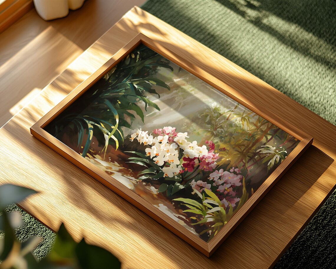 Sunlit Orchid Garden Tropical Flower Painting Landscape Poster - Image 2