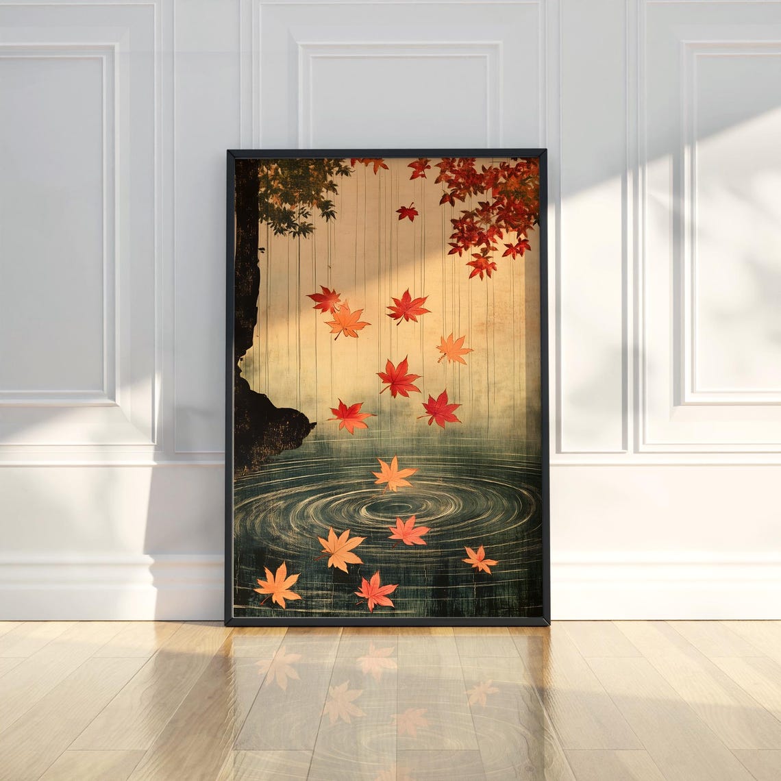 Japanese Maple Leaves Falling on Pond Art Poster in Ukiyo-e Style