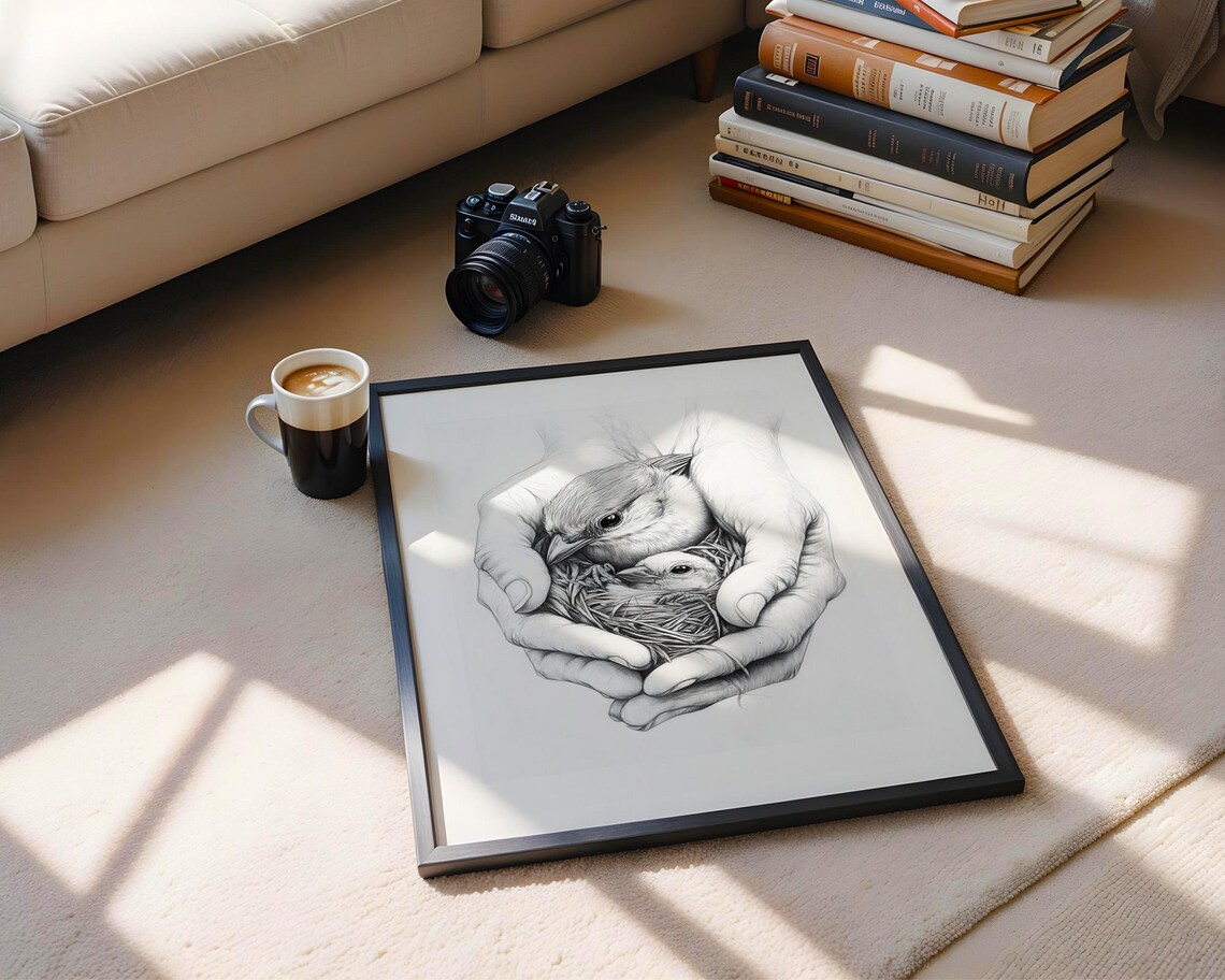 Gentle Hands Cupping Bird And Chick In Nest Pencil Sketch Poster - Image 5