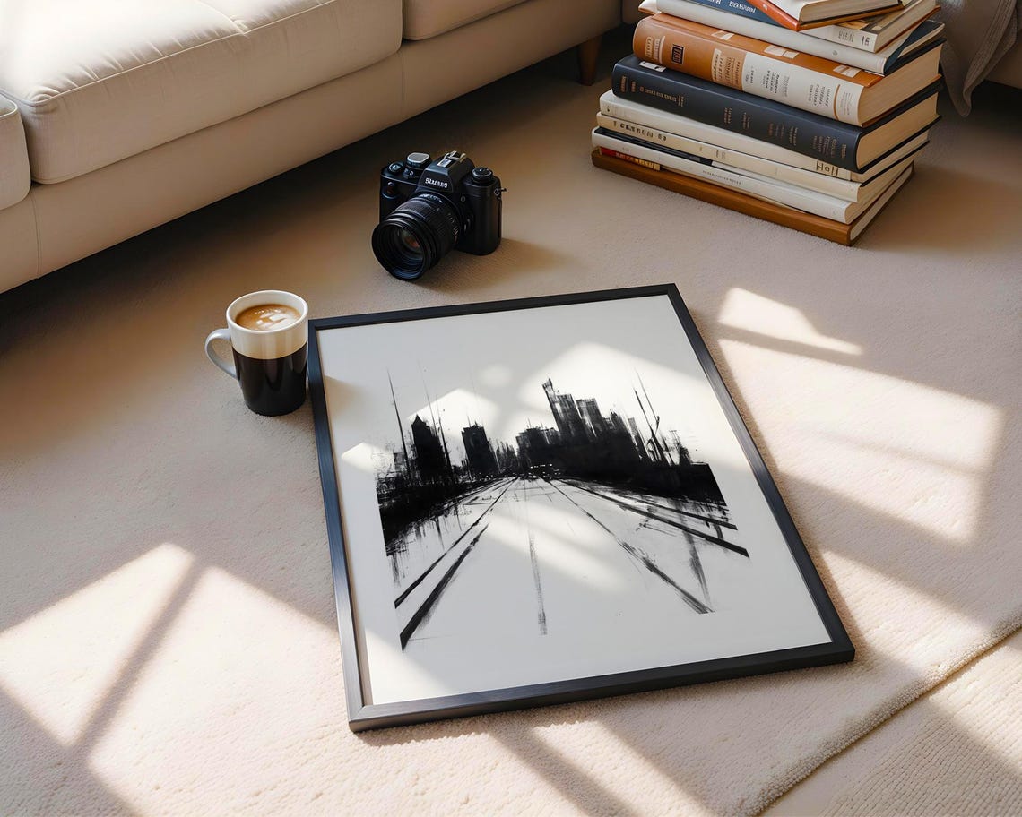 Minimalist Cityscape Charcoal Sketch Modern Urban Street Poster - Image 6