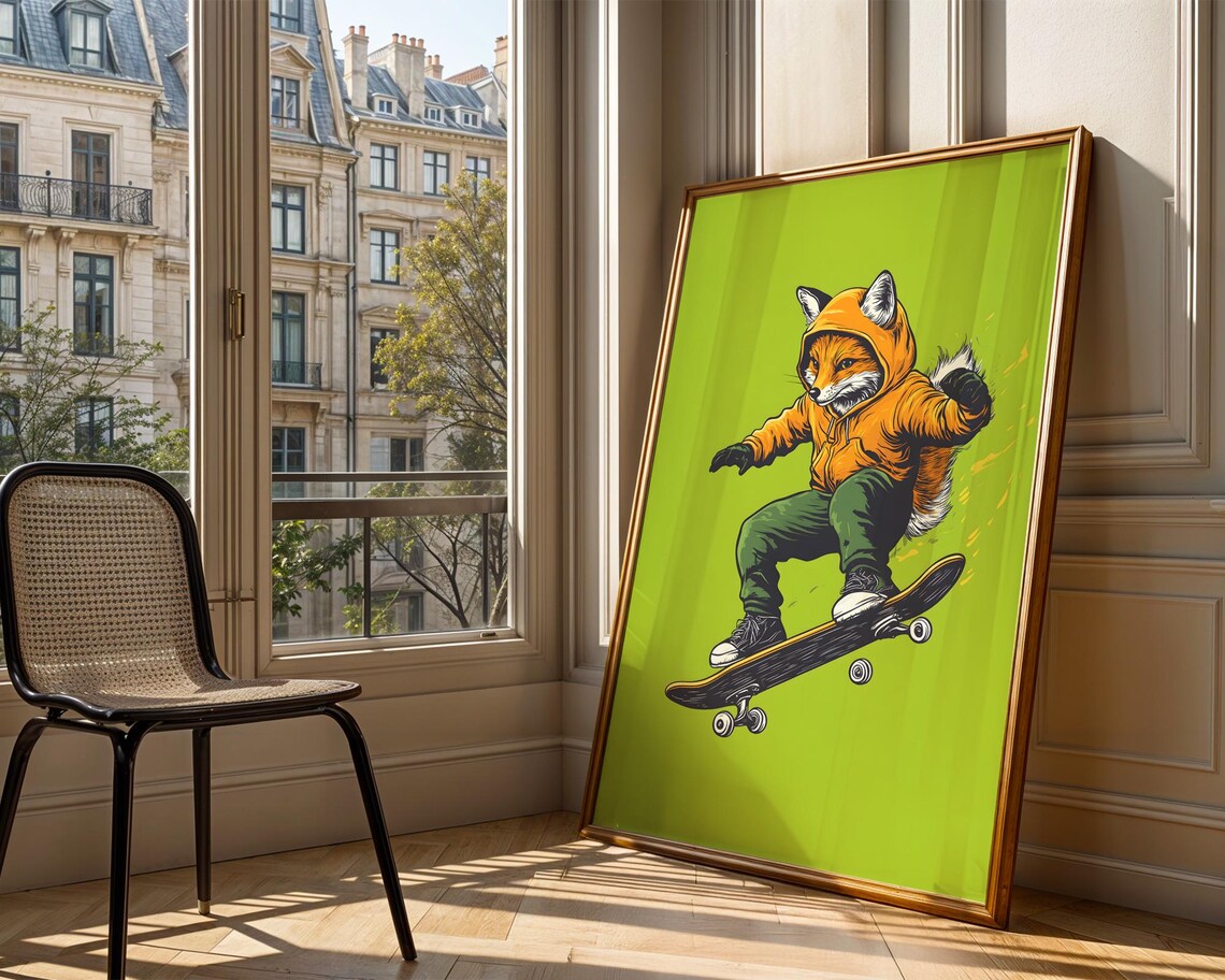 Skateboarding Fox Orange Hoodie Trick Lime Green Street Style Poster - Image 4