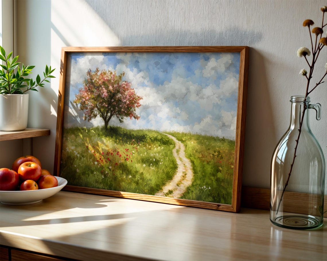 Blossoming Tree Green Hill Country Path Summer Landscape Wall Art - Image 3