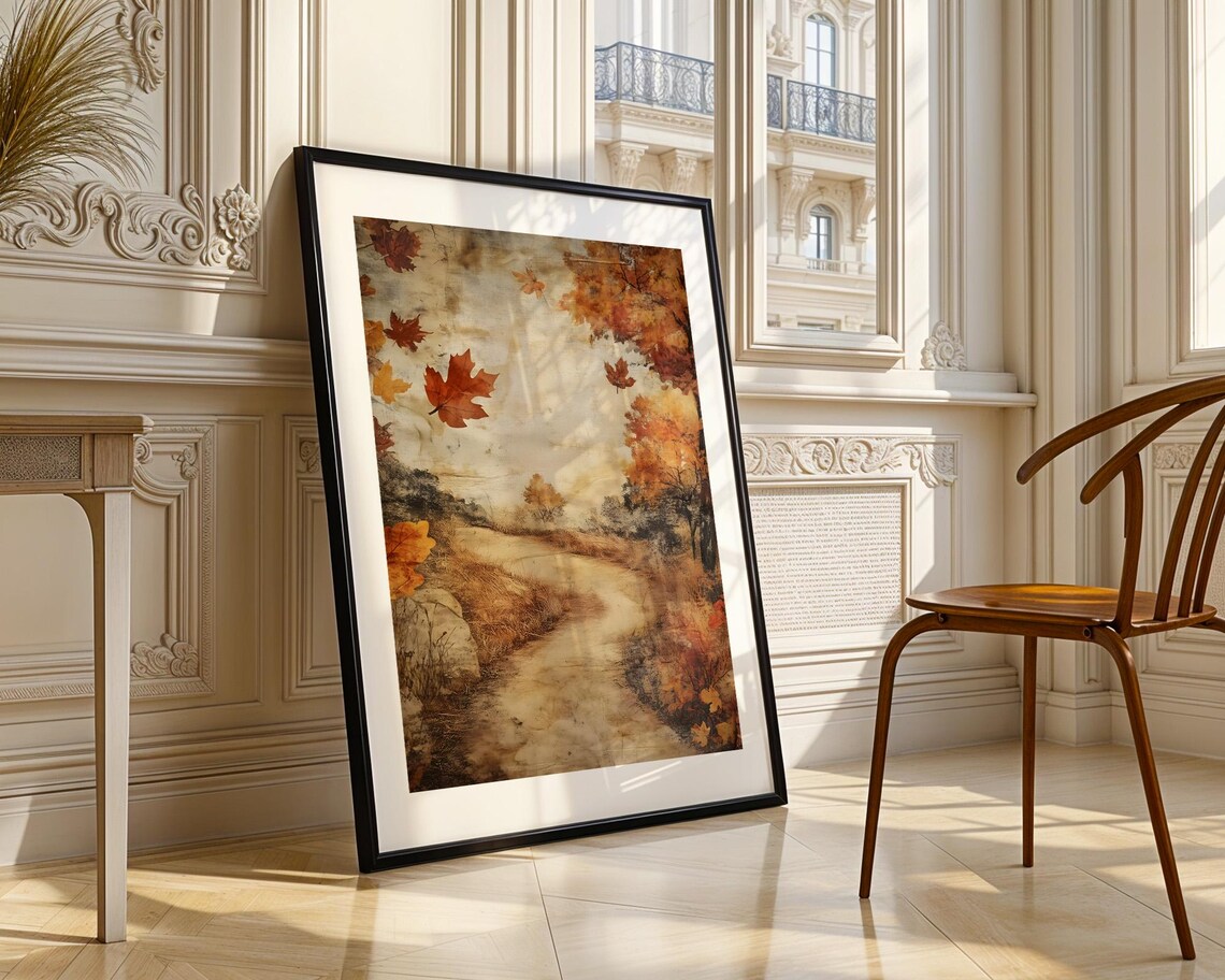 Vintage Autumn Path With Falling Maple Leaves Rustic Fall Painting Poster - Image 5
