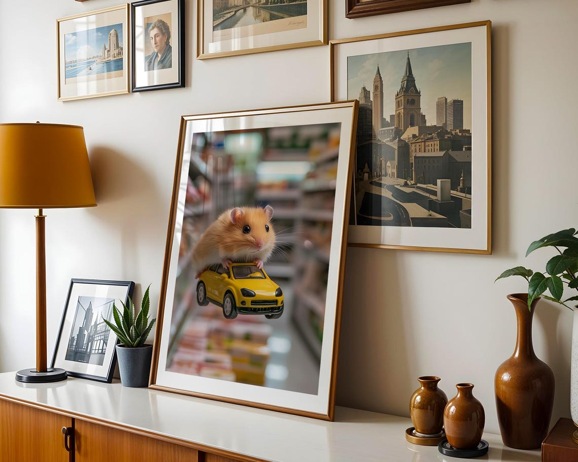 Hamster With Yellow Toy Car Playful Store Aisle Adventure Poster - Image 5