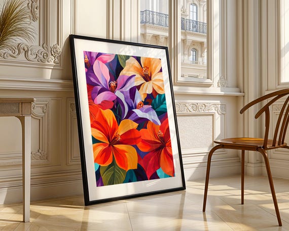 Vibrant Tropical Floral Wall Art Print Colorful Exotic Flower Painting Bold Botanical Vivid Modern Home Bedroom Living Room Decor