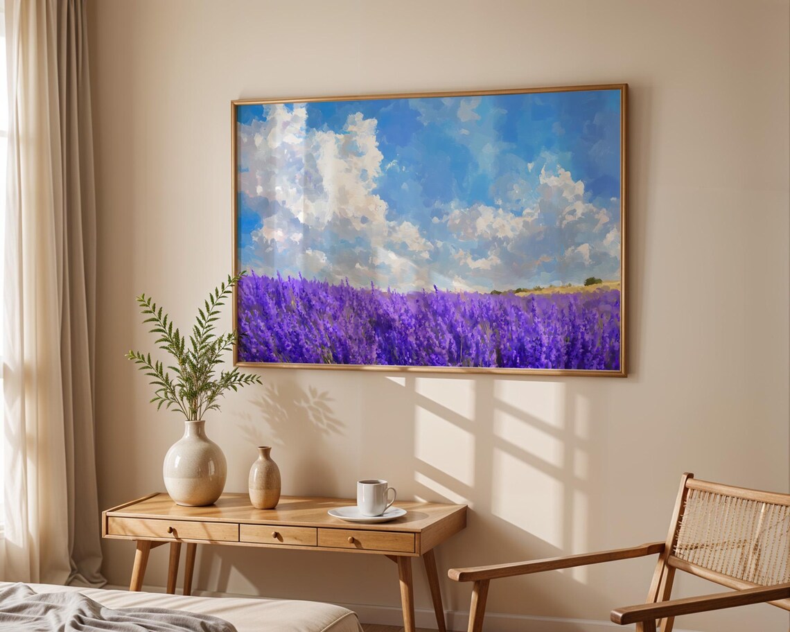 Lavender Field Blue Sky Summer Landscape Oil Painting Wall Print - Image 6