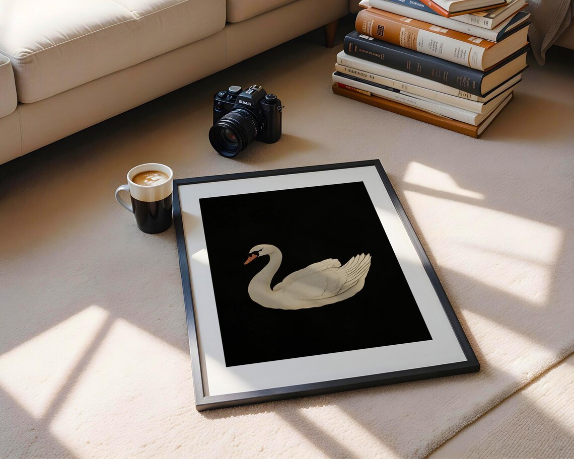 Vintage White Swan Black Background Elegant Bird Painting Poster - Image 5