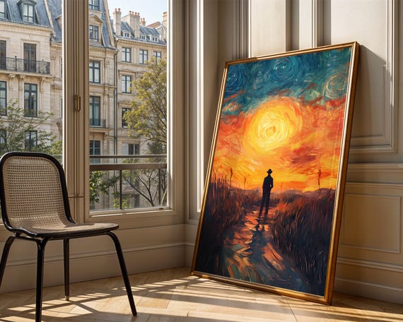 Solitary Man In Golden Sunset Landscape Wall Art Print Trendy Decor Prints Peaceful Silhouette Scene