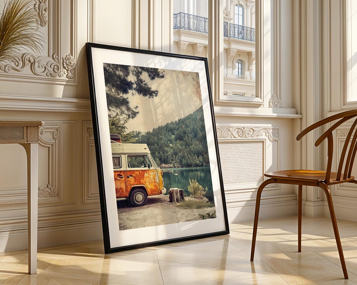 Vintage Camper Van Lakeside Mountain Travel Road Trip Poster - Image 3