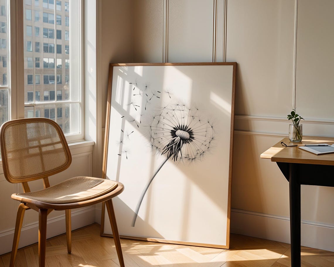 Dandelion Seed Head Blowing Delicate Monochrome Nature Sketch Poster - Image 3