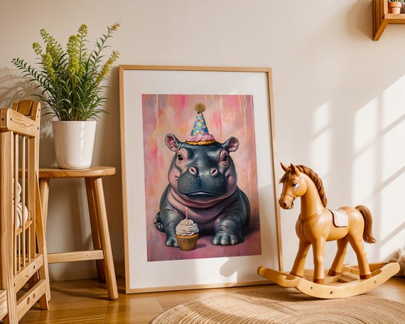 Birthday Hippo Wall Art Print Cute Party Animal Drawing Cupcake Whimsical Kids Baby Room Decor Playful Nursery Celebration