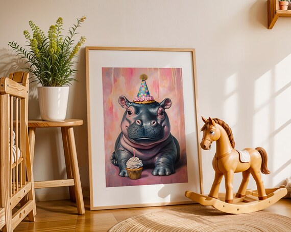Cute Baby Hippo Party Hat Cupcake Pink Nursery Animal Poster