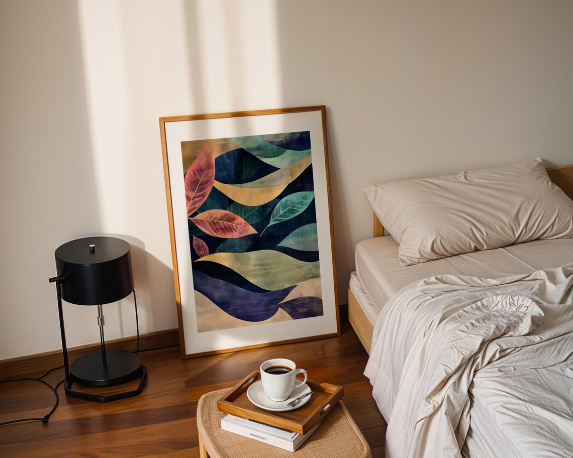 Colorful Abstract Botanical Leaves Navy Blue Waves Art Print - Image 2