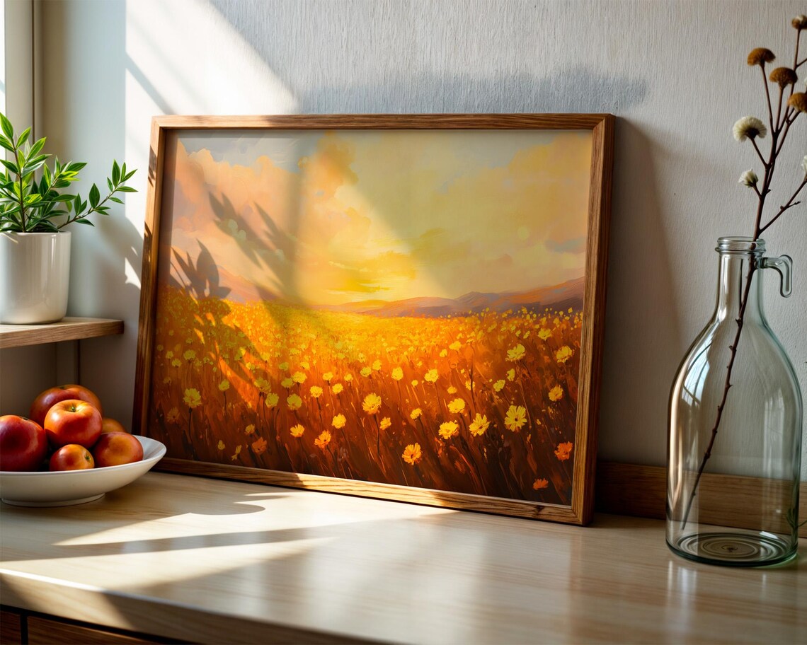 Golden Wildflower Field Blazing Sunset Warm Landscape Art Poster - Image 2
