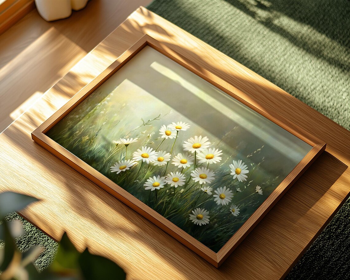 Daisy Meadow In Golden Morning Light Soft Romantic Floral Painting Poster - Image 2