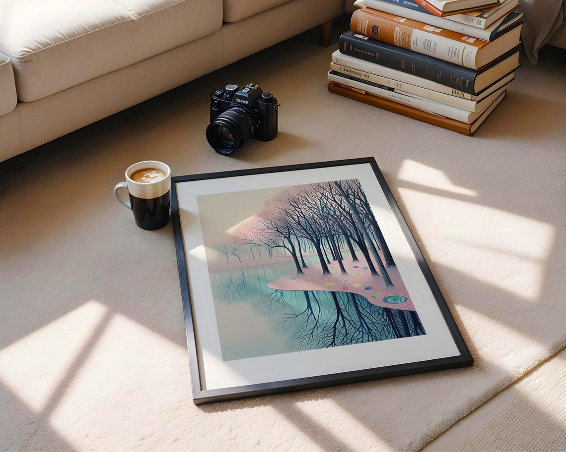 Pastel Pink Blue Lake Trees Reflection Surreal Landscape Poster - Image 5