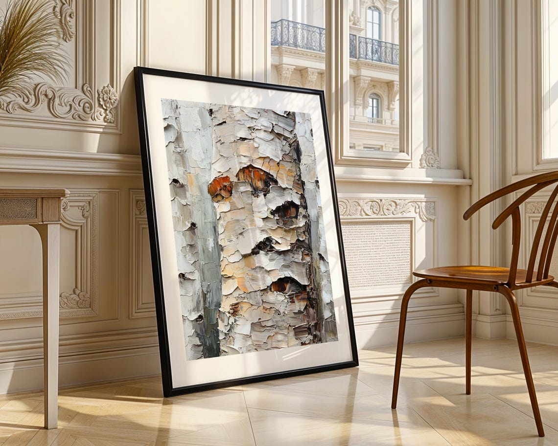 White Birch Bark Abstract Textured Impasto Modern Oil Painting Poster - Image 3