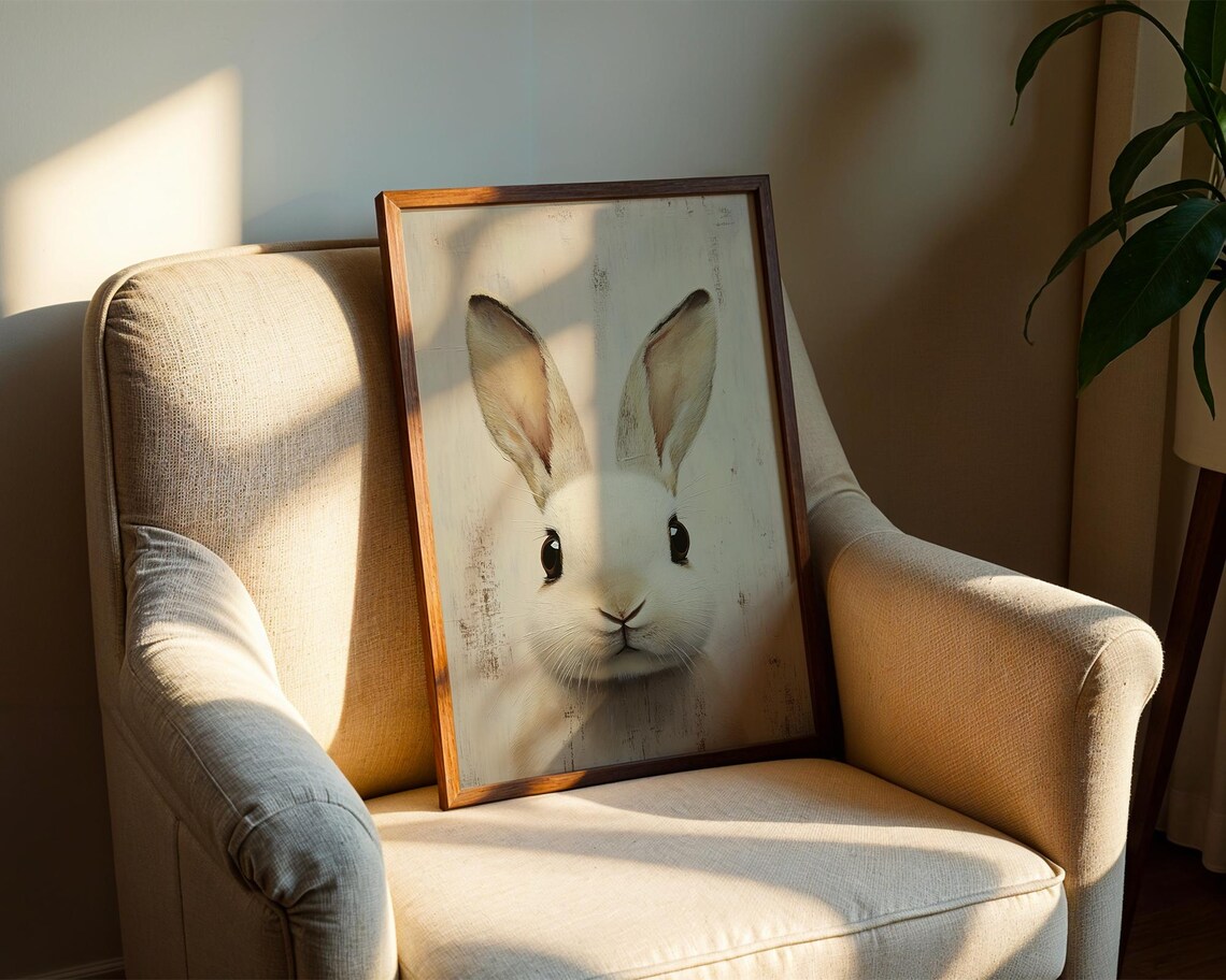 Adorable White Rabbit Portrait Painting Cute Bunny Art Poster - Image 2
