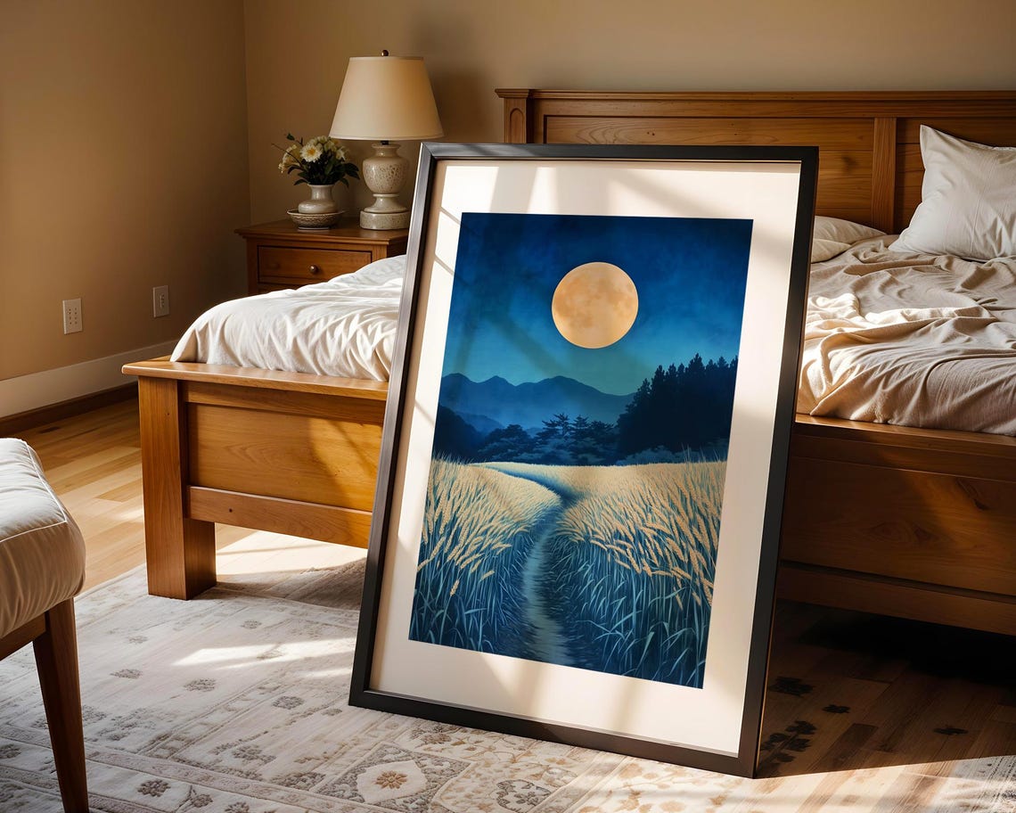 Calm Full Moon Over Golden Field Blue Night Landscape Poster - Image 4