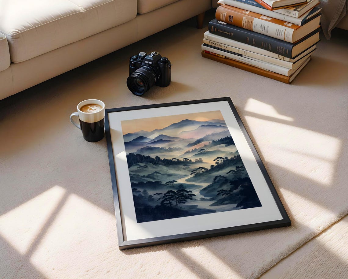 Misty Blue Mountain Valley River Japanese Watercolor Art Poster - Image 5