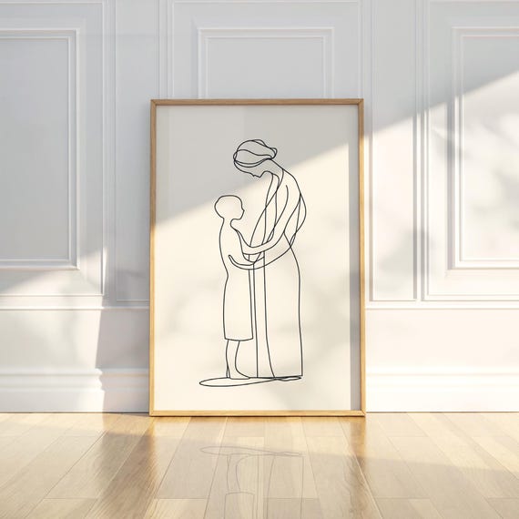 Minimalist Mother And Child Line Drawing Sketch Wall Art Print Black White Family Love Abstract Simple Elegant Nursery Gift Mom Motherhood