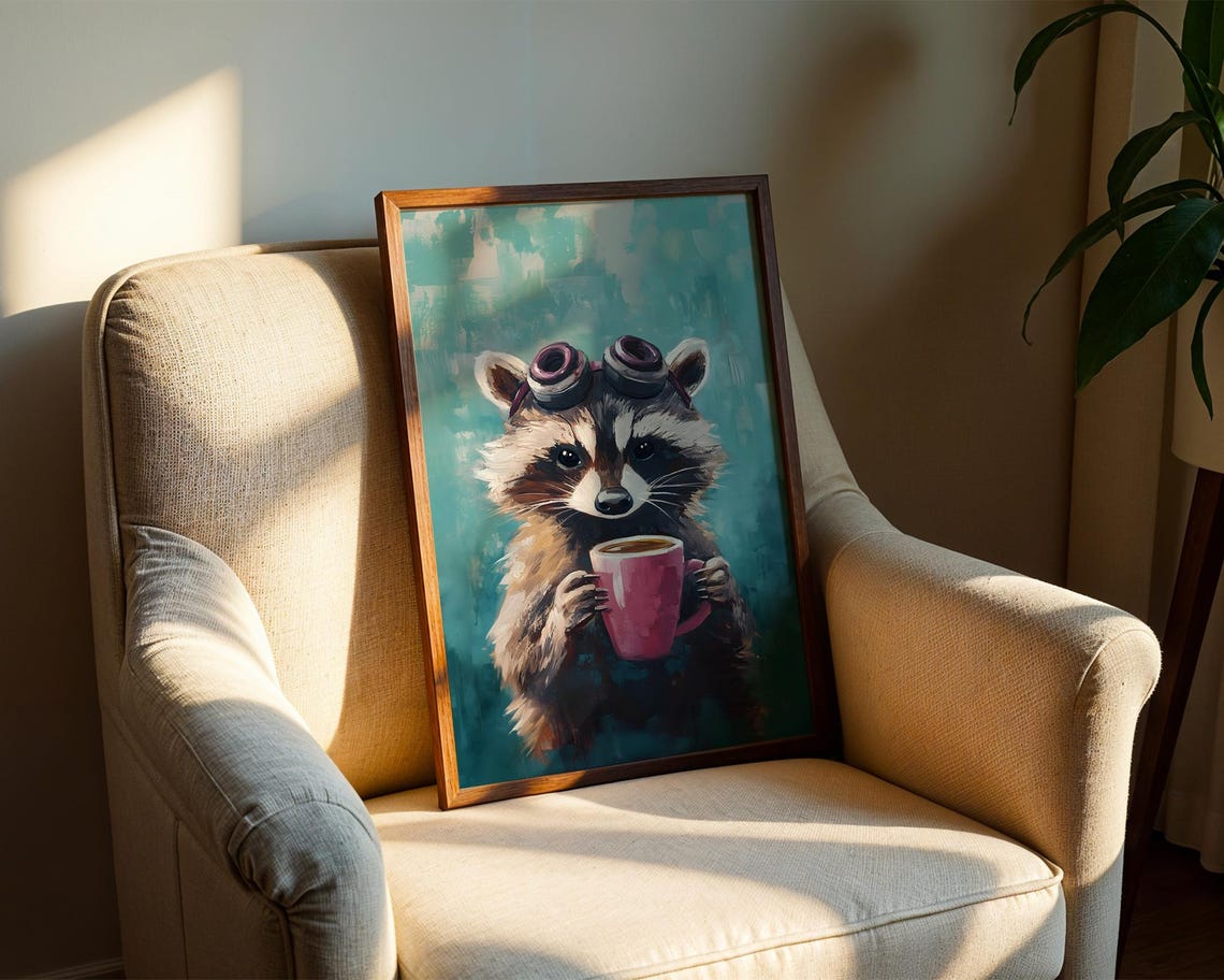 Whimsical Raccoon Coffee Mug Goggles Animal Art Illustration Trendy Wall Room Decor Prints Print - Image 2