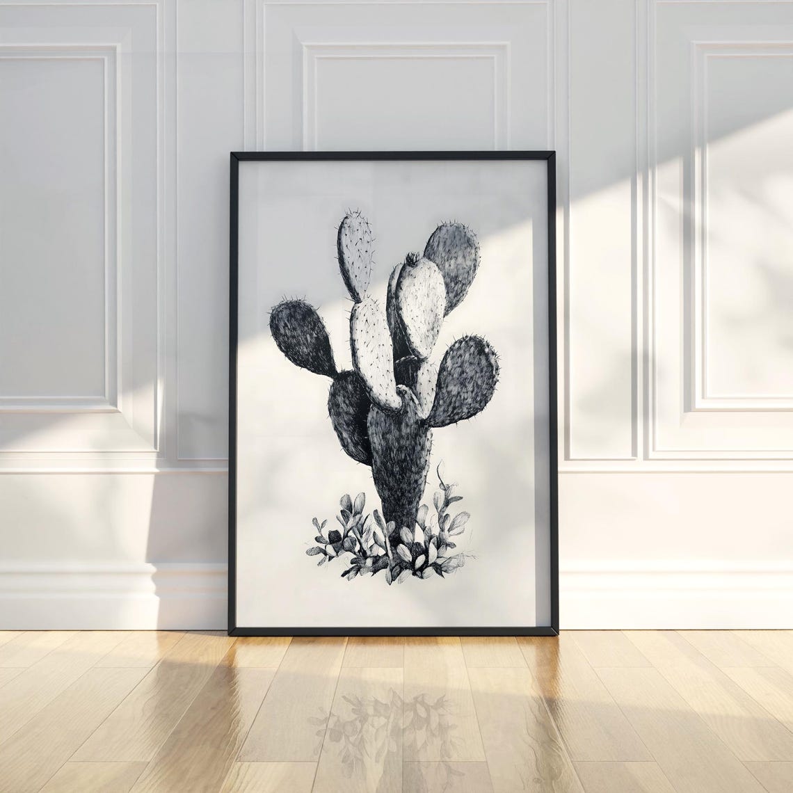 Charming Prickly Pear Cactus Black And White Pencil Sketch Poster