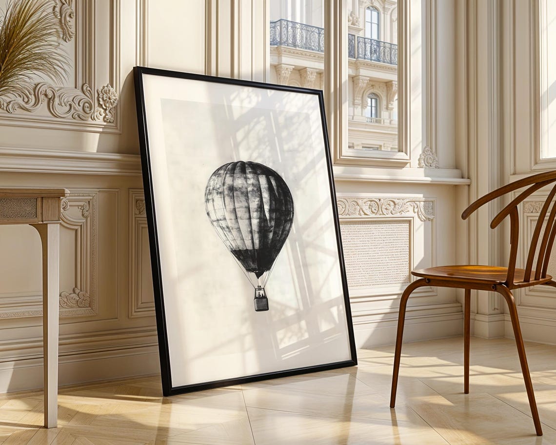 Dreamy Vintage Hot Air Balloon Charcoal Sketch Minimalist Poster - Image 4