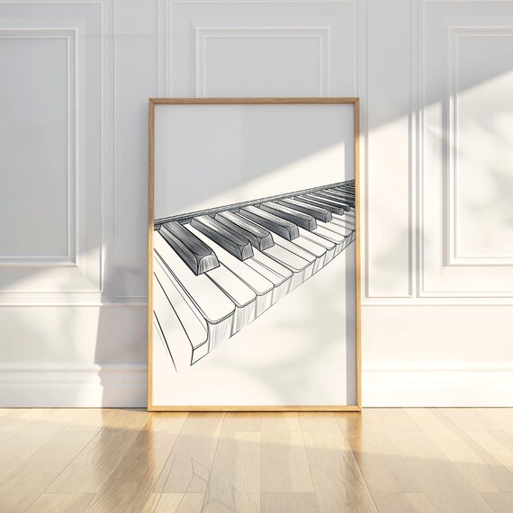 Grand Piano Keyboard Dramatic Angle Detailed Ink Sketch Music Poster