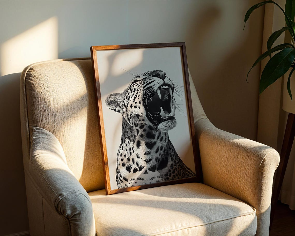 Roaring Leopard Big Cat Monochrome Ink Sketch Artwork Poster - Image 2