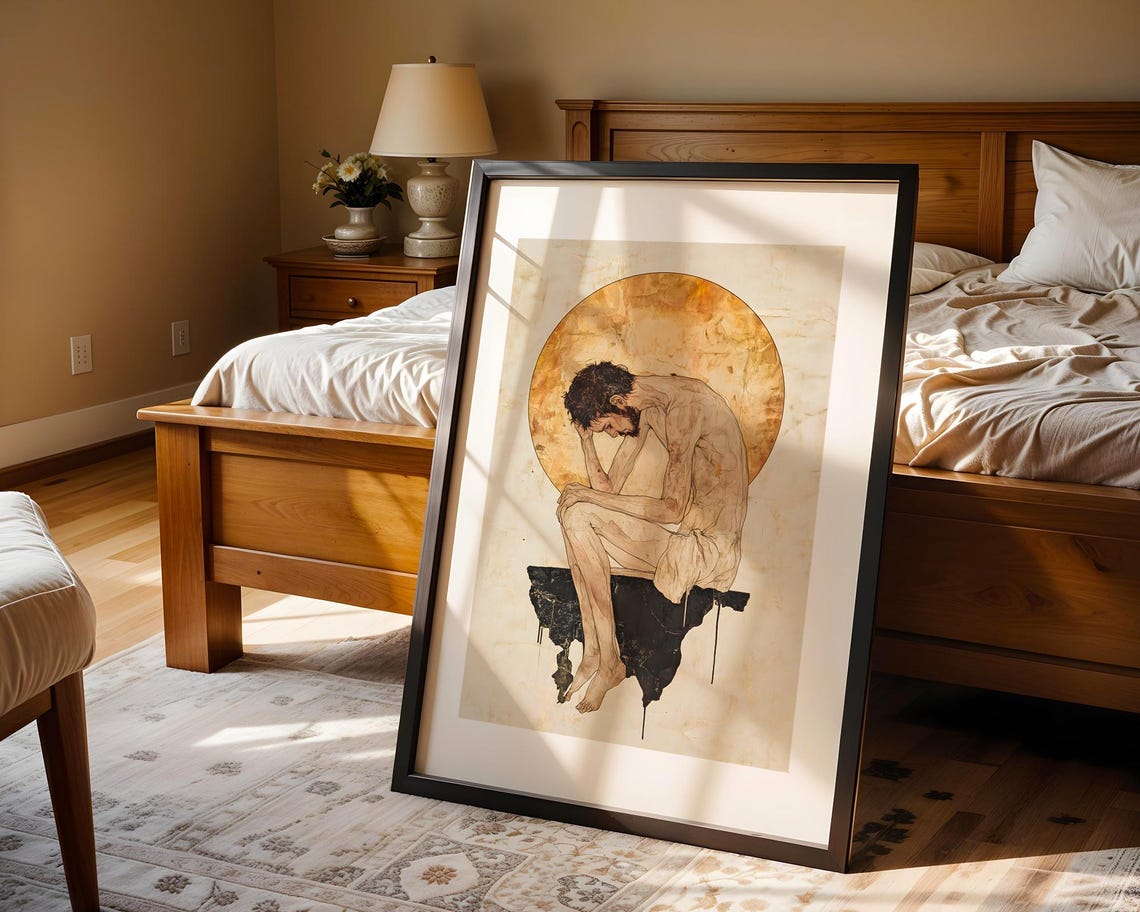 Contemplative Seated Man Sepia Watercolor Gold Circle Fine Art Poster - Image 5